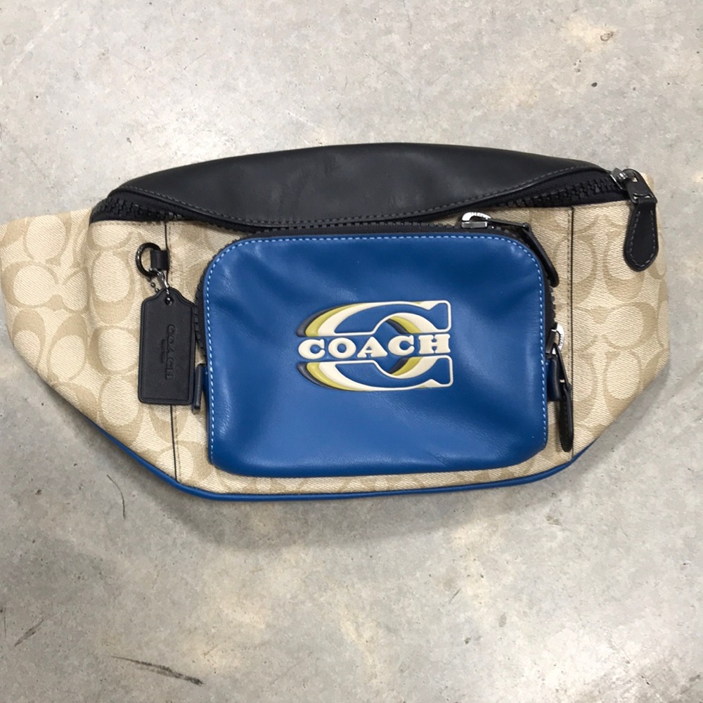 Coach Beige Signature Canvas Belt Bag with Blue Leather Pocket